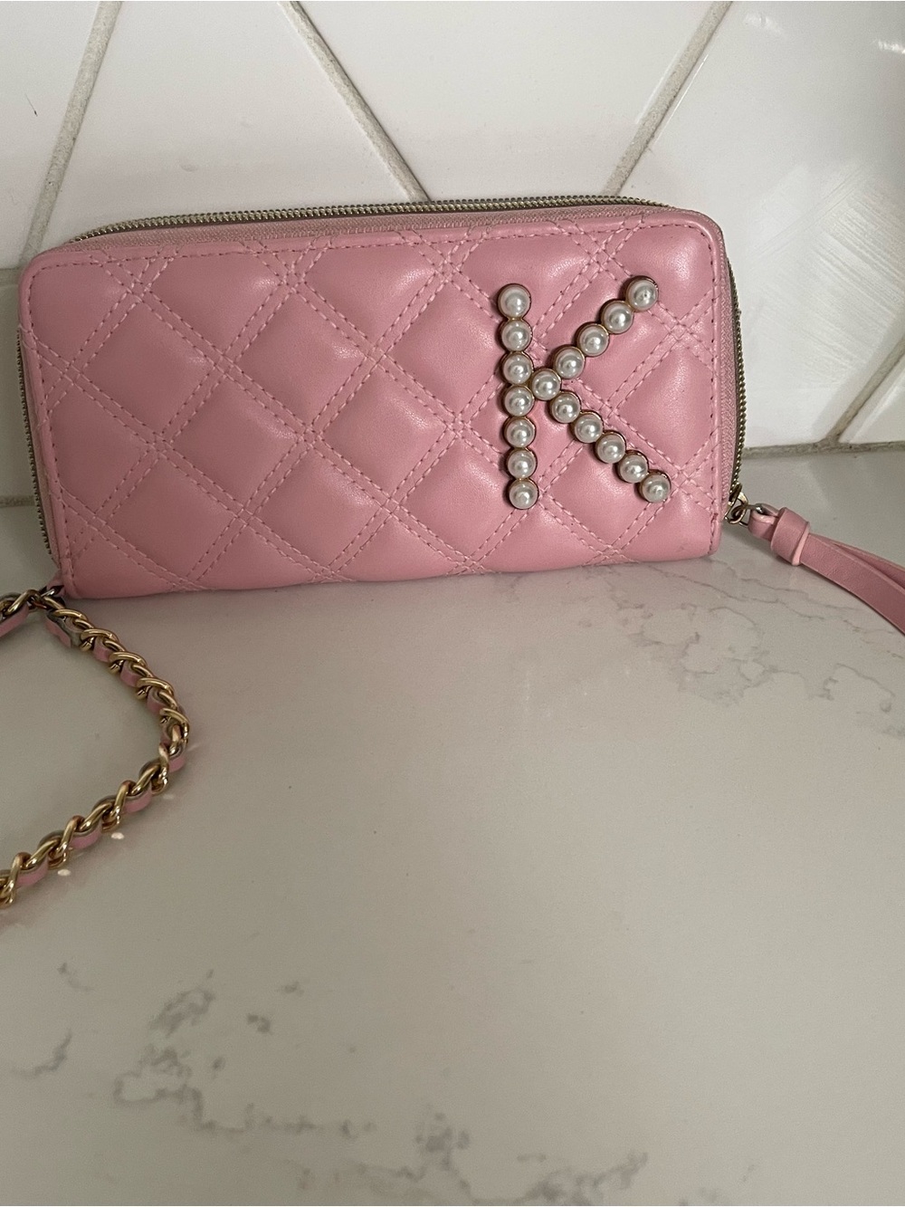K-Inspired Quilted Pink Wristlet with Pearl Initial